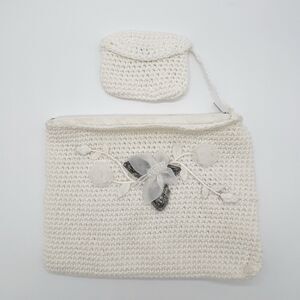Handmade Crochet Zip Up Bag With Liner attached Coin Bag Floral Embellishments